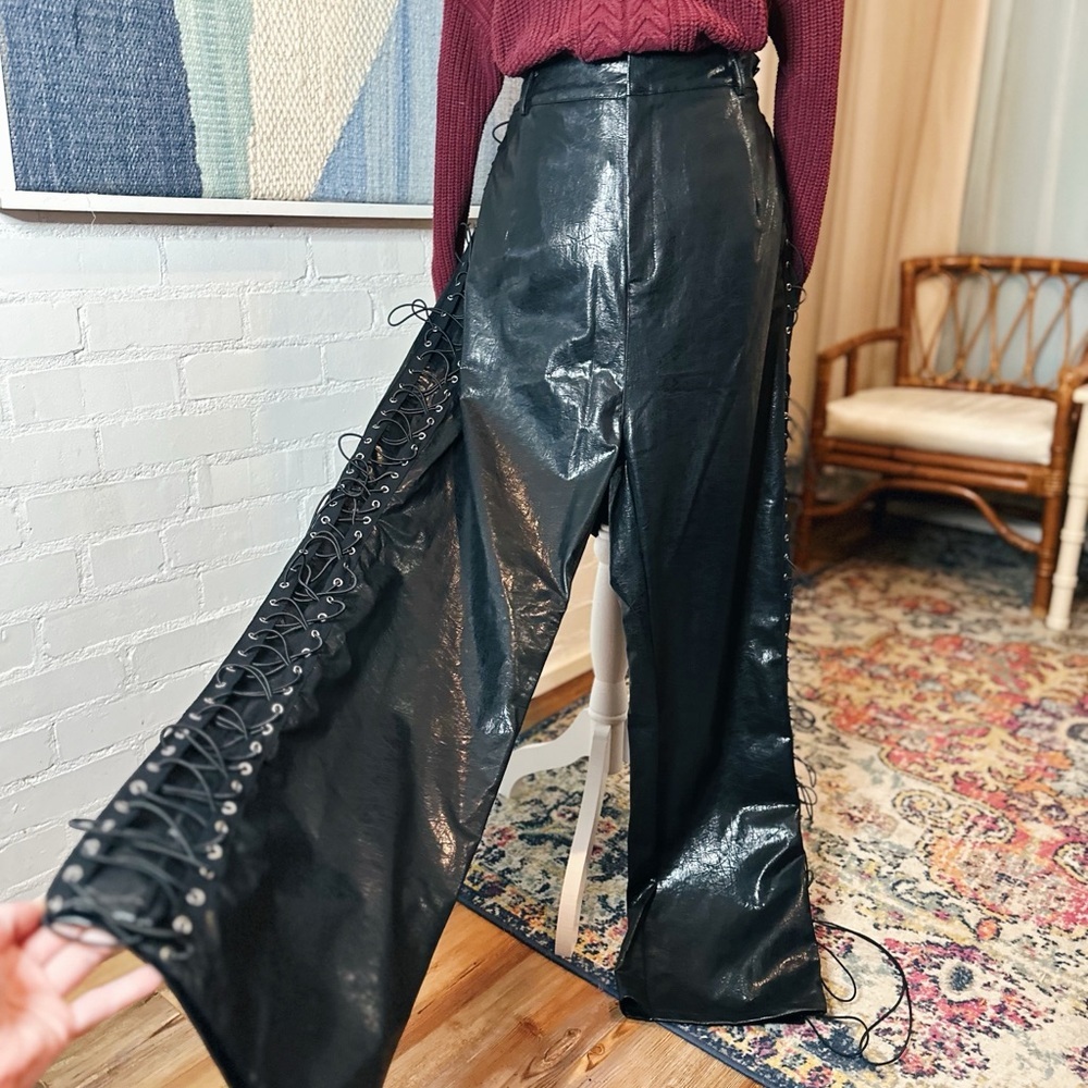 NWT 2X/3X PrettyLittleThing Plus Black Pleather Pant with Lace Up Sides
